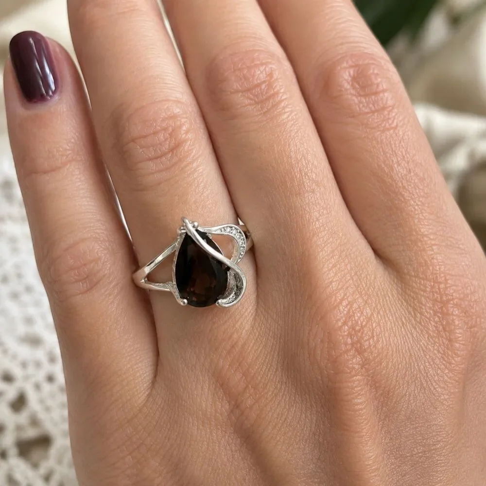 Silver Tone Pear Smoky Brown Cubic Zirconia Swirl Ring, Teardrop Statement Ring
